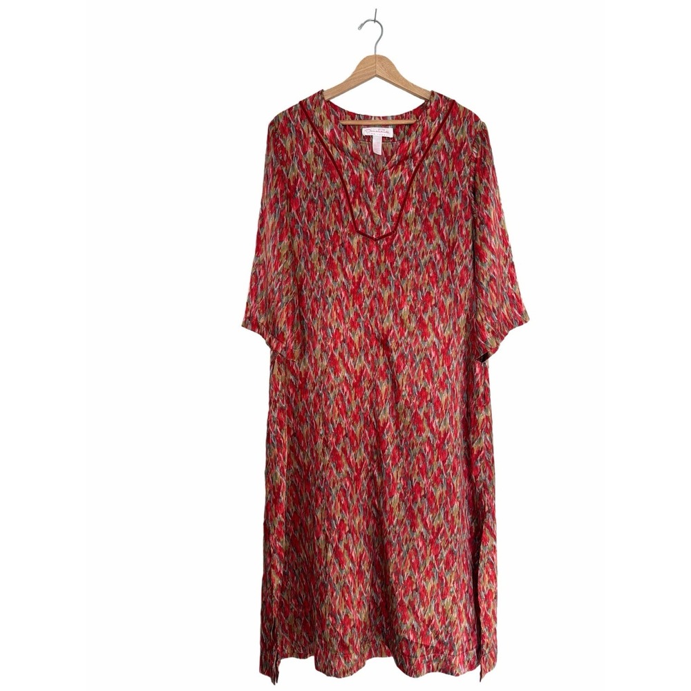 VTG Oscar de la Renta Pink Label Red Kaftan Housedress Gown with Pockets Size M